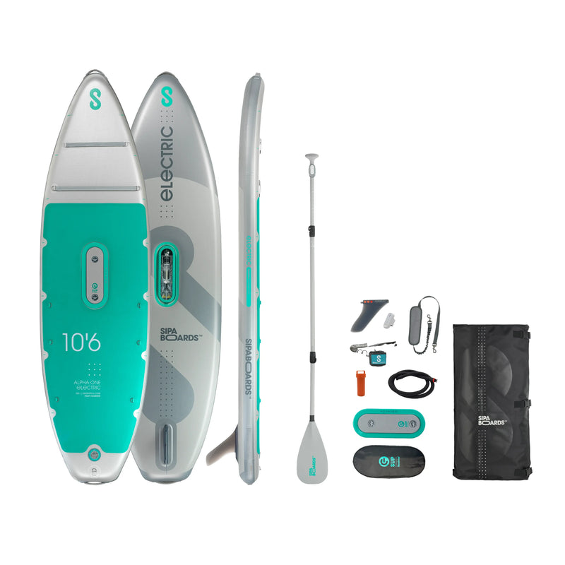 SIPA Boards Alpha One Electric Paddleboard with self-inflating design and assist power unit. Ships free from e-boarders.com.