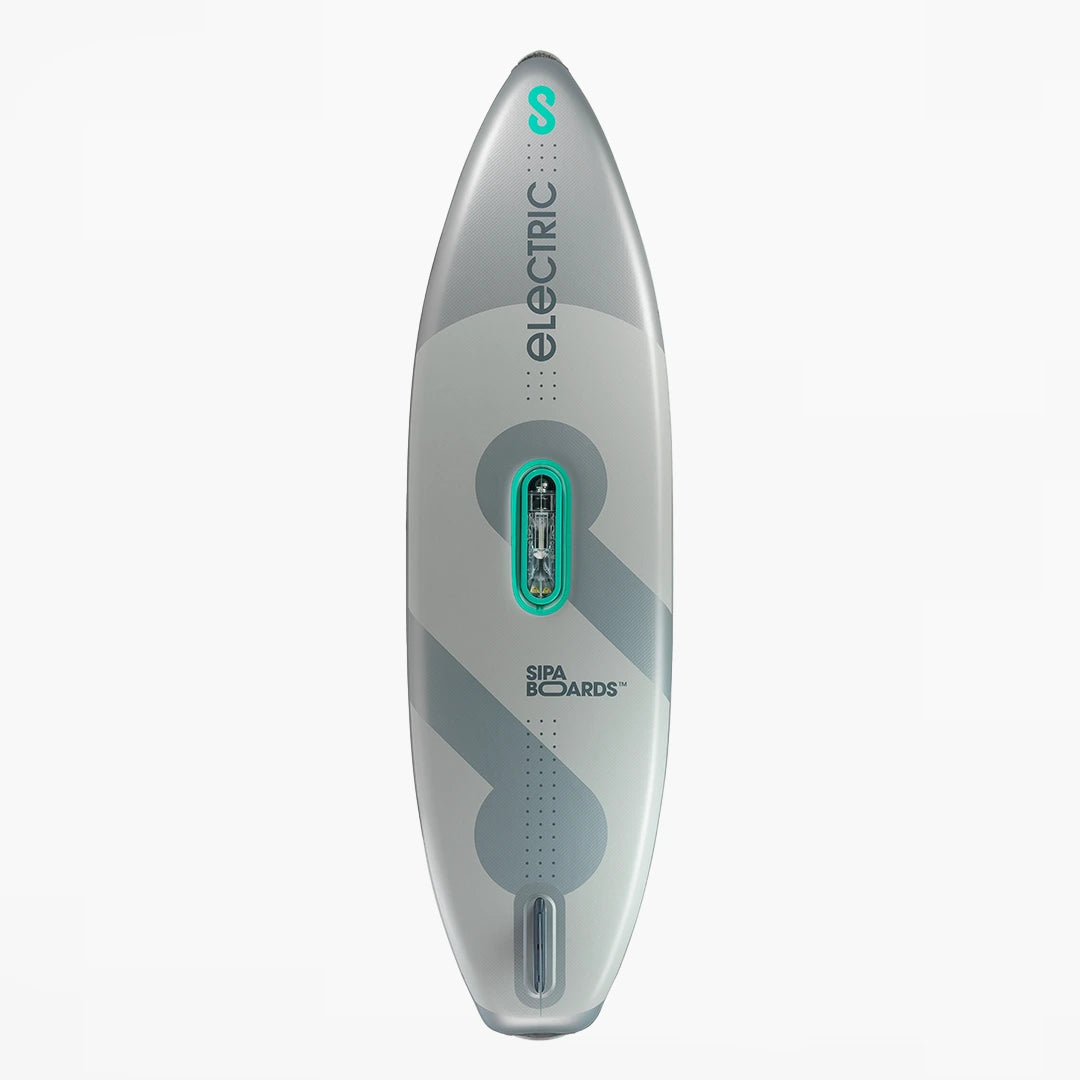 Bottom view of SIPA Alpha One iSUP with Bluetooth remote, EVA traction pad, and built-in electric unit. Free shipping at e-boarders.com