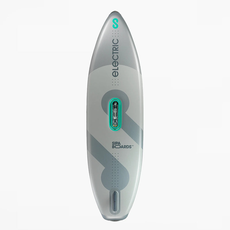 Bottom view of SIPA Alpha One iSUP with Bluetooth remote, EVA traction pad, and built-in electric unit. Free shipping at e-boarders.com