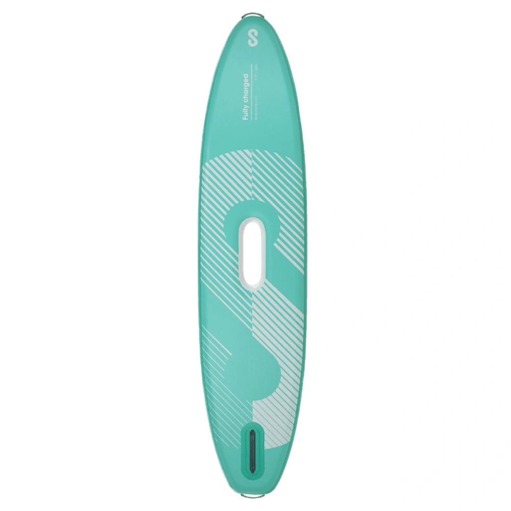 Top of SIPA Boards ALLROUNDER Aqua wide electric paddleboard with paddle-assist and LED lights. Ideal for stability and gear hauling. Package includes board, paddle, batteries, leash, fin, travel bag, and carry strap. Free shipping at e-boarders.com
