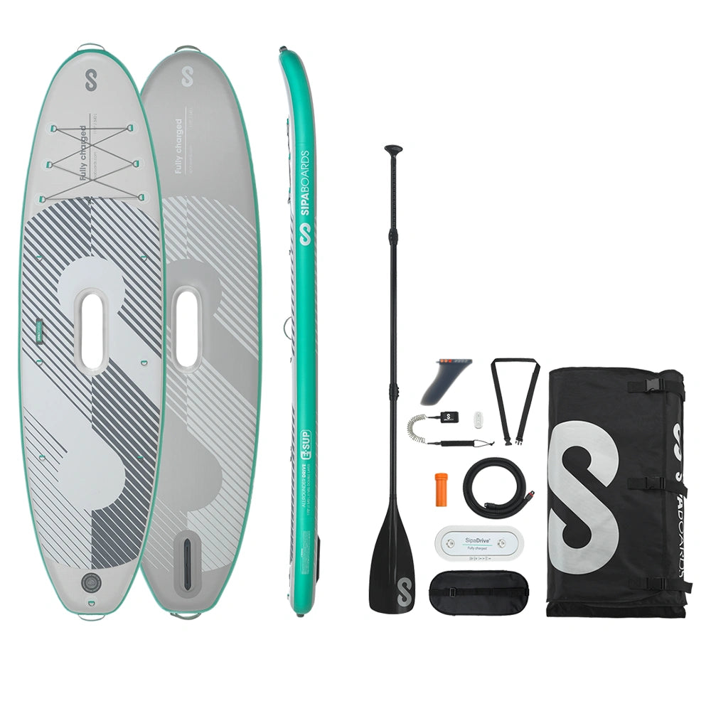 SIPA Boards ALLROUNDER Aqua wide electric paddleboard with paddle-assist and LED lights. Ideal for stability and gear hauling. Package includes board, paddle, batteries, leash, fin, travel bag, and carry strap. Free shipping at e-boarders.com