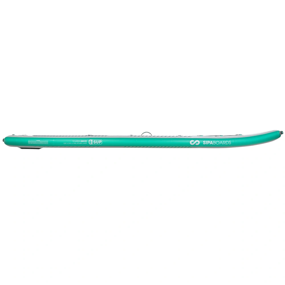 Side view of SIPA Boards ALLROUNDER Aqua wide electric paddleboard with paddle-assist and LED lights. Ideal for stability and gear hauling. Package includes board, paddle, batteries, leash, fin, travel bag, and carry strap. Free shipping at e-boarders.com