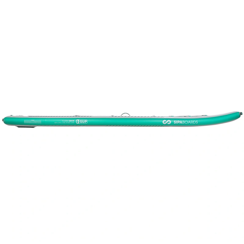 Side view of SIPA Boards ALLROUNDER Aqua wide electric paddleboard with paddle-assist and LED lights. Ideal for stability and gear hauling. Package includes board, paddle, batteries, leash, fin, travel bag, and carry strap. Free shipping at e-boarders.com