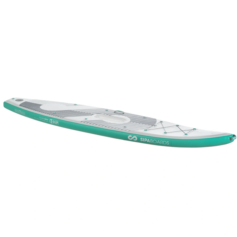 Top side view of SIPA Boards ALLROUNDER Aqua wide electric paddleboard with paddle-assist and LED lights. Ideal for stability and gear hauling. Package includes board, paddle, batteries, leash, fin, travel bag, and carry strap. Free shipping at e-boarders.com
