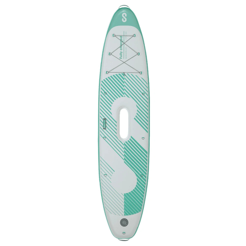 Top of SIPA Boards ALLROUNDER Aqua wide electric paddleboard with paddle-assist and LED lights. Ideal for stability and gear hauling. Package includes board, paddle, batteries, leash, fin, travel bag, and carry strap. Free shipping at e-boarders.com