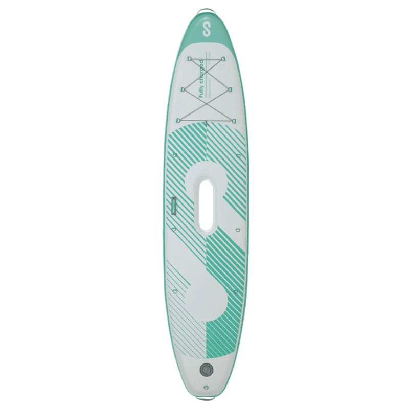 Top of SIPA Boards ALLROUNDER Aqua wide electric paddleboard with paddle-assist and LED lights. Ideal for stability and gear hauling. Package includes board, paddle, batteries, leash, fin, travel bag, and carry strap. Free shipping at e-boarders.com