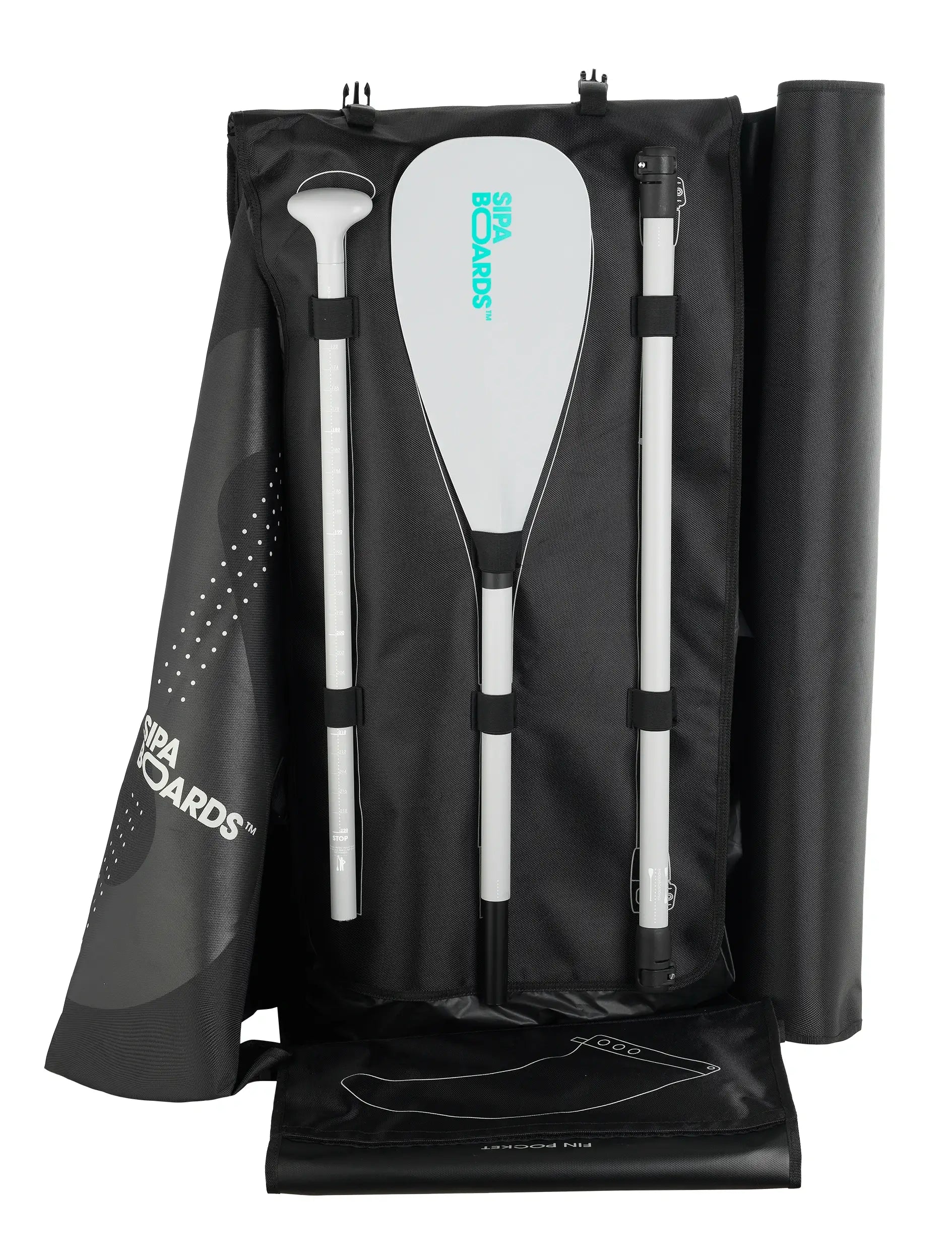 Travel bag and collapsable paddle for SIPA Boards SipaDrive for Aqua wide electric paddleboard with paddle-assist and LED lights. Ideal for stability and gear hauling. Package includes board, paddle, batteries, leash, fin, travel bag, and carry strap. Free shipping at e-boarders.com