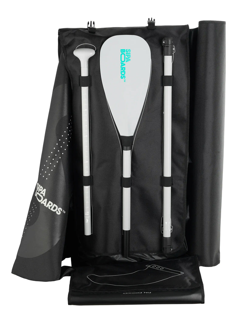 Travel bag and collapsable paddle for SIPA Boards SipaDrive for Aqua wide electric paddleboard with paddle-assist and LED lights. Ideal for stability and gear hauling. Package includes board, paddle, batteries, leash, fin, travel bag, and carry strap. Free shipping at e-boarders.com