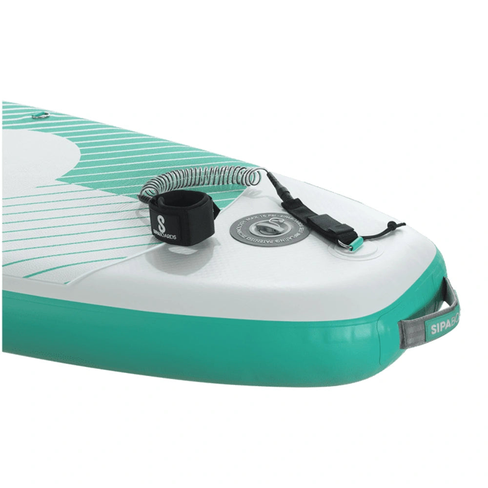 Leah and closeup view of SIPA Boards ALLROUNDER Aqua wide electric paddleboard with paddle-assist and LED lights. Ideal for stability and gear hauling. Package includes board, paddle, batteries, leash, fin, travel bag, and carry strap. Free shipping at e-boarders.com