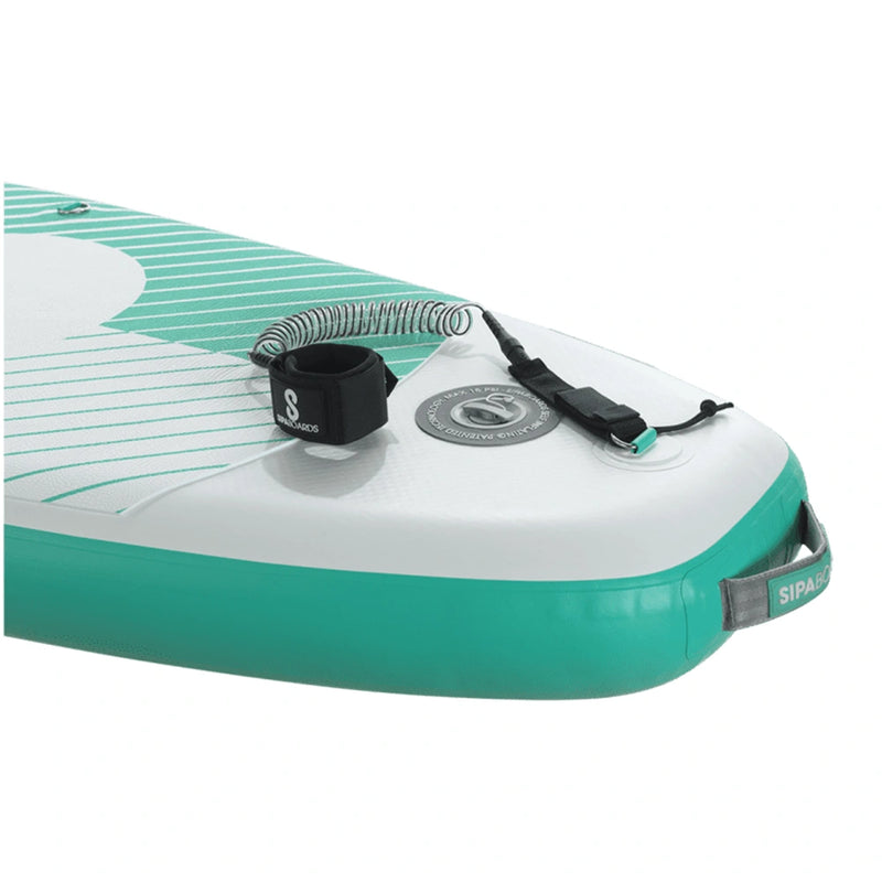 Leah and closeup view of SIPA Boards ALLROUNDER Aqua wide electric paddleboard with paddle-assist and LED lights. Ideal for stability and gear hauling. Package includes board, paddle, batteries, leash, fin, travel bag, and carry strap. Free shipping at e-boarders.com