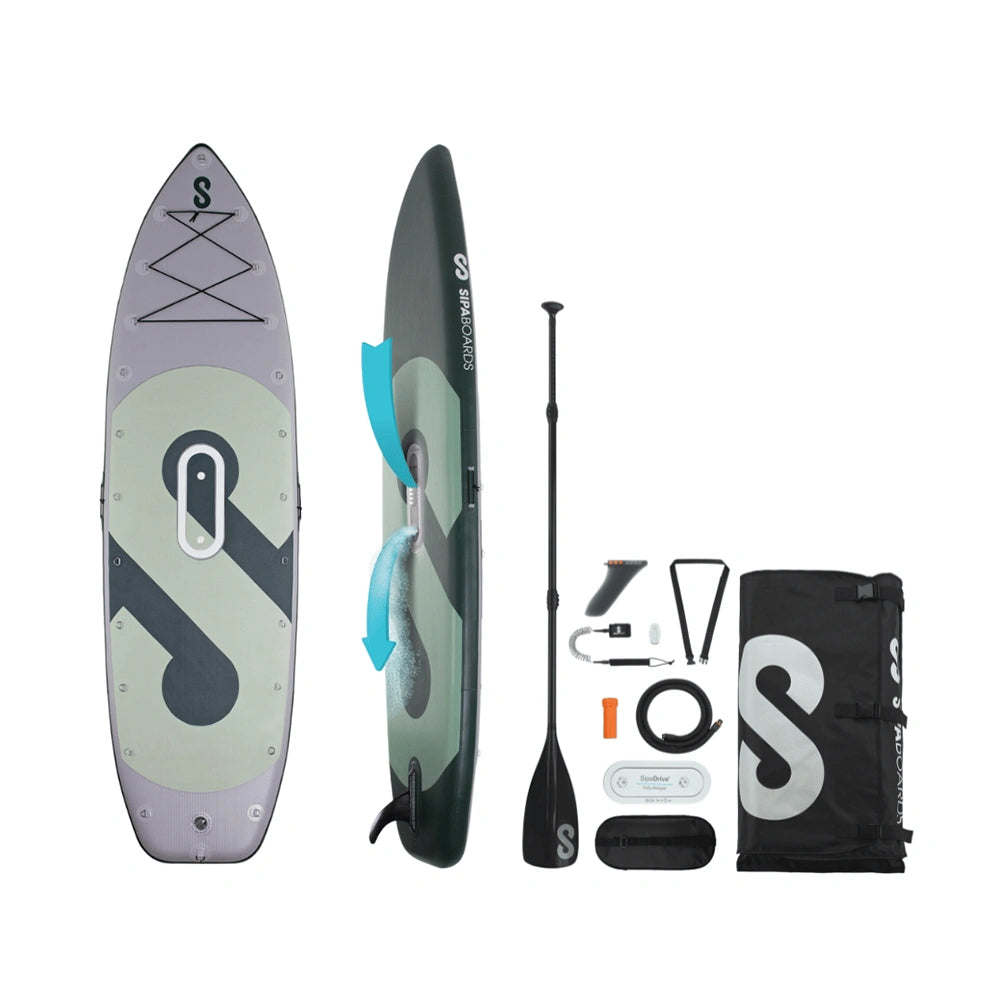 SIPA Boards E ANGLER Aqua wide electric paddleboard with paddle-assist and LED lights. Ideal for stability and gear hauling. Package includes board, paddle, batteries, leash, fin, travel bag, and carry strap. Free shipping at e-boarders.com