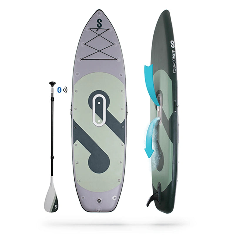 SIPA Boards E Angler Aqua wide electric paddleboard with paddle-assist and LED lights. Ideal for stability and gear hauling. Package includes board, paddle, batteries, leash, fin, travel bag, and carry strap. Free shipping at e-boarders.com