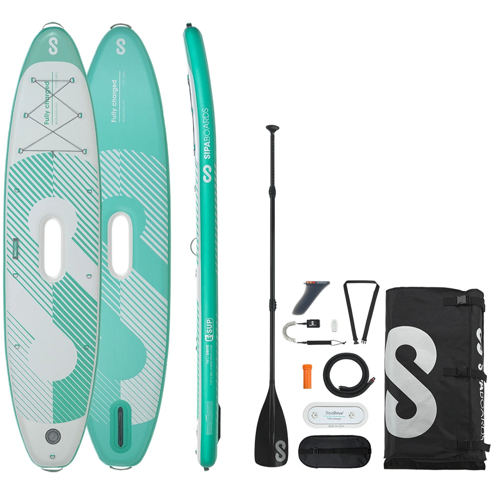 SIPA Boards NEO Aqua self-inflating paddleboard with electric assist and lightweight design. 11-foot board for beginners and travel. Ships free at e-boarders.com