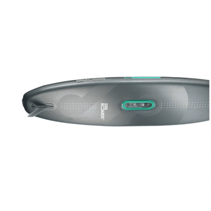 Bottom view fin of SIPA ALLROUNDER wide inflatable paddleboard with power assist for families or larger paddlers. With LED lights. Free shipping at e-boarders.com