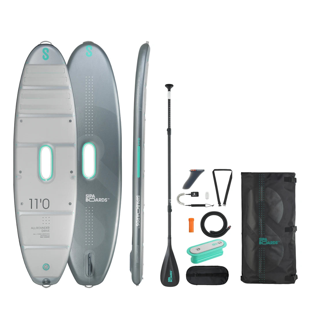 SIPA ALLROUNDER wide inflatable paddleboard with power assist for families or larger paddlers. With LED lights, GPS app, & long battery range. Package includes board, SipaDrive, paddle, travel bag, fin, leash, carry strap. Shop E-Boarders.com for Free shipping.