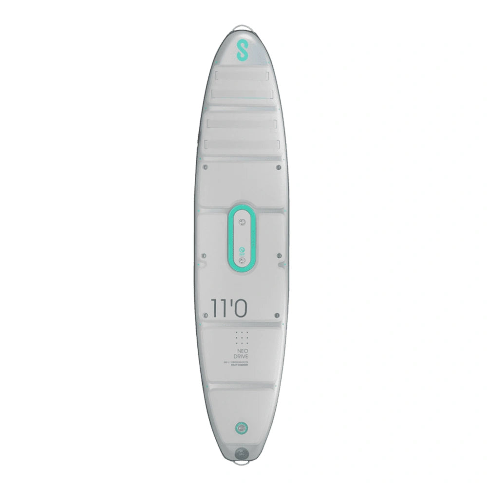 Top view of SIPA Silver Line NEO inflatable paddleboard with electric assist for solo riders. Lightweight and compact. Free shipping at e-Boarders.com