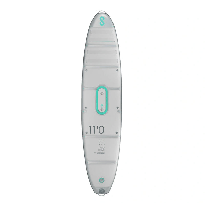 Top view of SIPA Silver Line NEO inflatable paddleboard with electric assist for solo riders. Lightweight and compact. Free shipping at e-Boarders.com