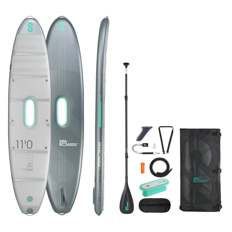 SIPA Silver Line NEO inflatable paddleboard with electric assist for solo riders. Lightweight and compact with GPS app, LED lighting & long battery range. Package includes board, SipaDrive, paddle, travel bag, fin, leash, carry strap. Shop E-Boarders.com for Free shipping.