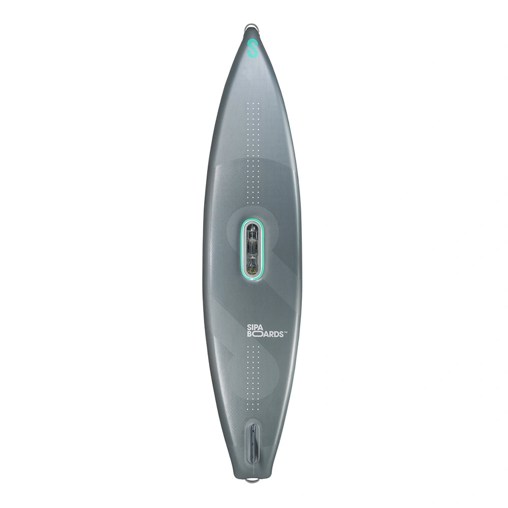 Bottom view of SIPA TOURER electric-assist self-inflating paddleboard for long-distance paddling. Includes battery & remote. Free shipping at e-boarders.com