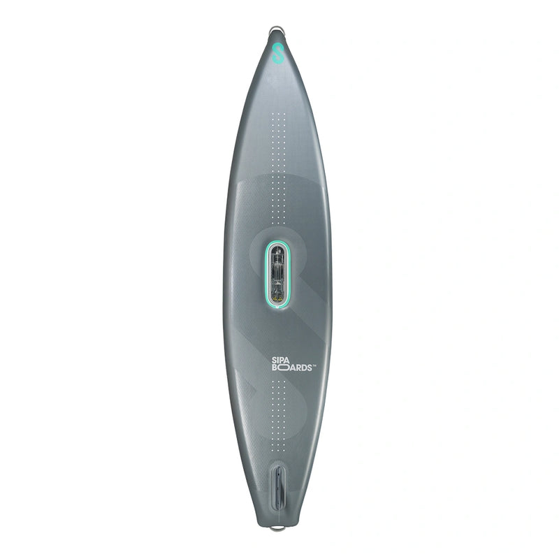 Bottom view of SIPA TOURER electric-assist self-inflating paddleboard for long-distance paddling. Includes battery & remote. Free shipping at e-boarders.com