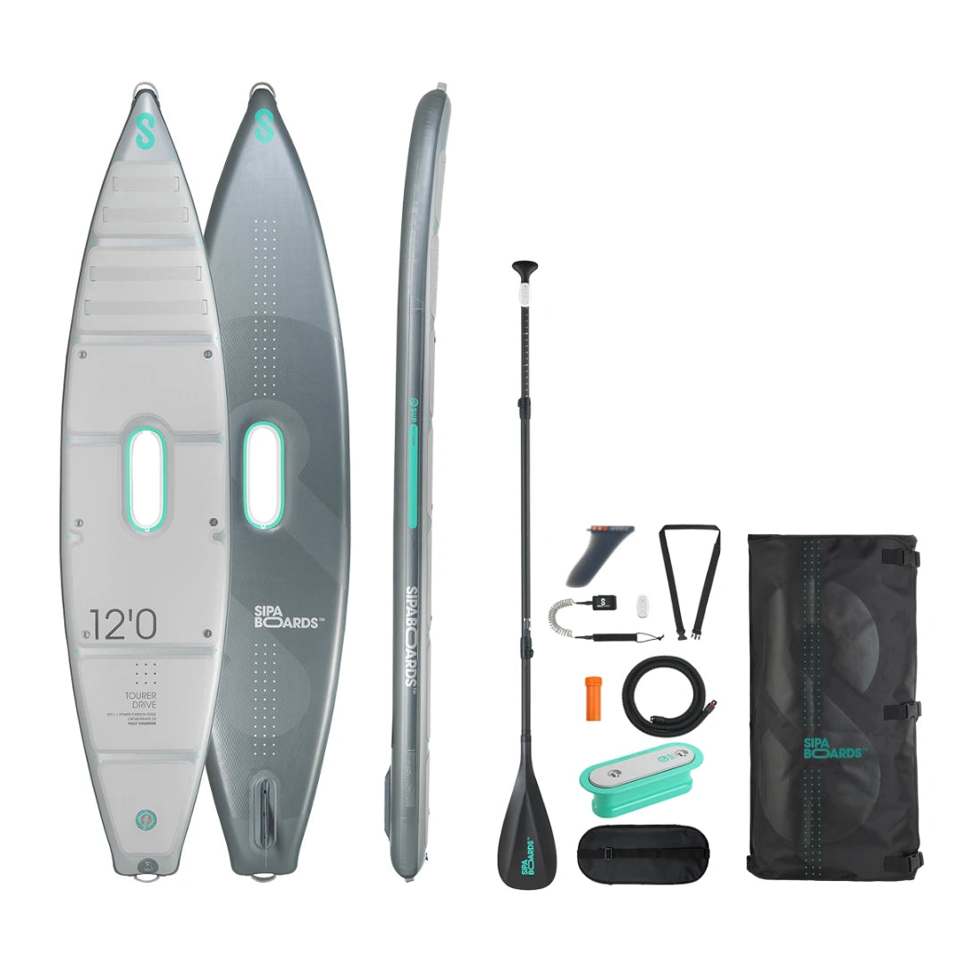 SIPA Silver Line TOURER inflatable paddleboard with electric assist for solo riders. Lightweight and compact with GPS app, LED lighting & long battery range. Package includes board, SipaDrive, paddle, travel bag, fin, leash, carry strap. Shop E-Boarders.com for Free shipping.