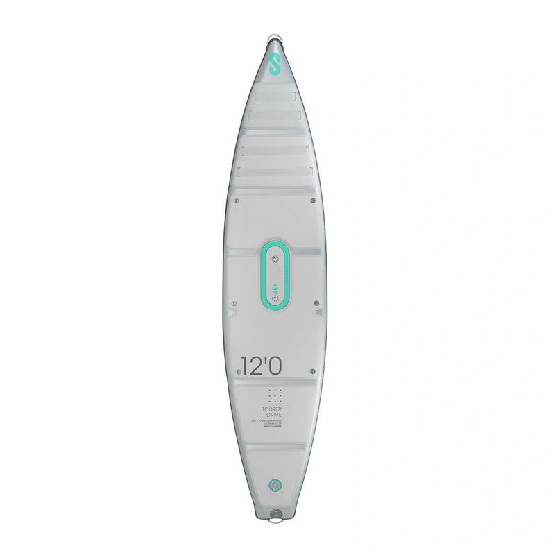Top view of SIPA TOURER electric-assist self-inflating paddleboard for long-distance paddling. Includes battery & remote. Free shipping at e-boarders.com