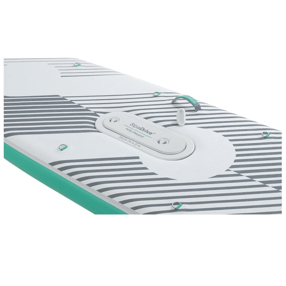 SIPA Boards SipaDrive for Aqua wide electric paddleboard with paddle-assist and LED lights. Ideal for stability and gear hauling. Package includes board, paddle, batteries, leash, fin, travel bag, and carry strap. Free shipping at e-boarders.com