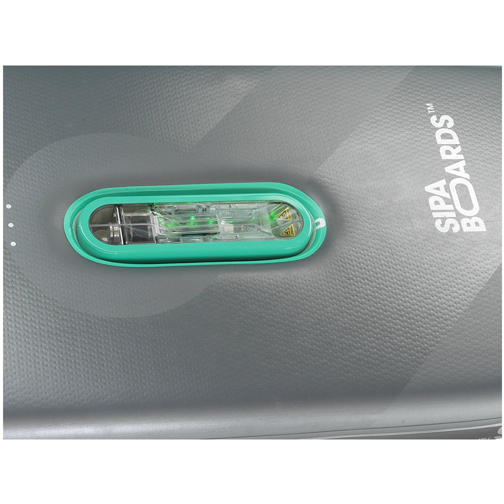 SIPA Boards SipaDrive for Aqua wide electric paddleboard with paddle-assist and LED lights. Ideal for stability and gear hauling. Package includes board, paddle, batteries, leash, fin, travel bag, and carry strap. Free shipping at e-boarders.com
