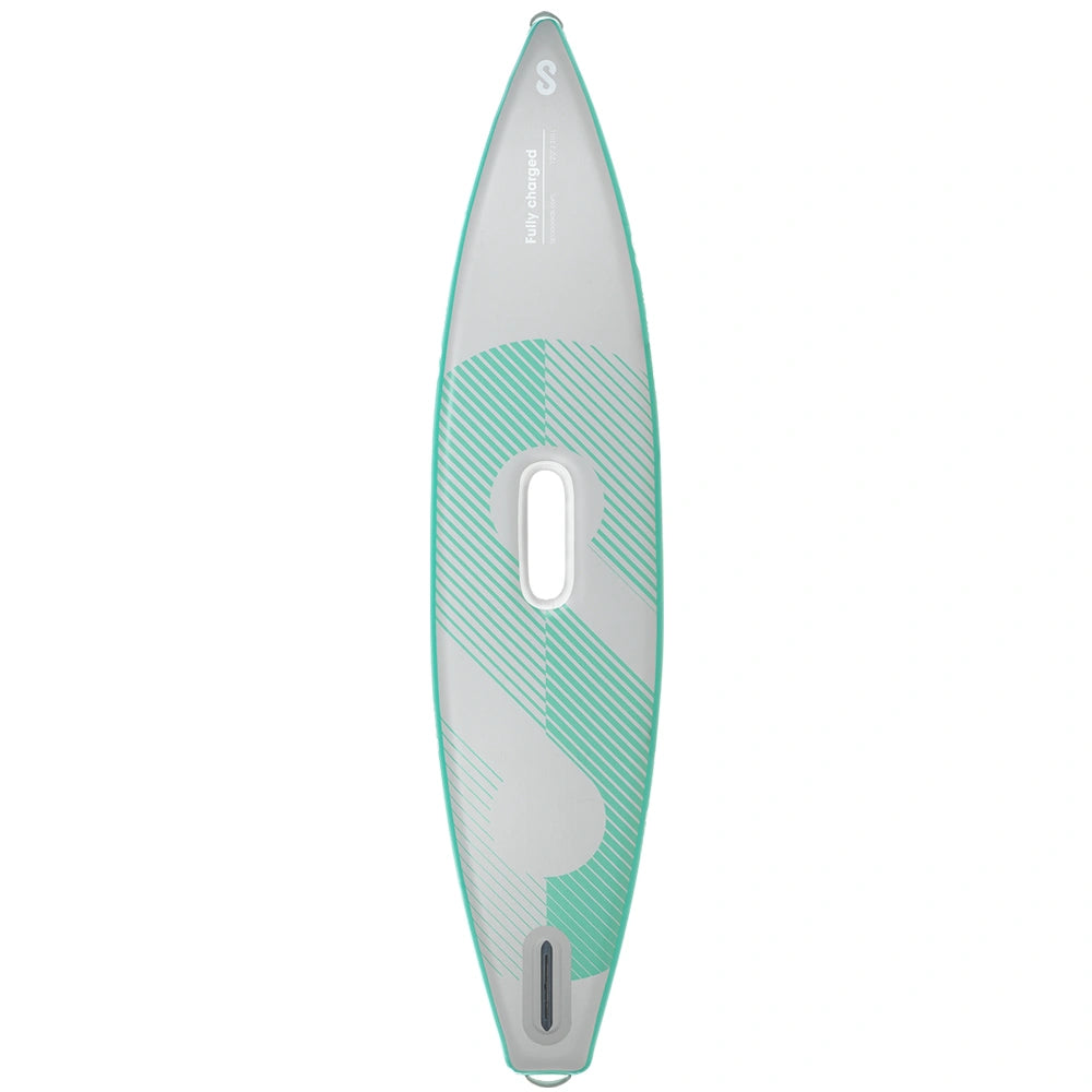 Bottom of SIPA Boards TOURER Aqua self-inflating paddleboard with electric assist and lightweight design. 12-foot board for touring and long-distance paddling. Ships free at e-boarders.com