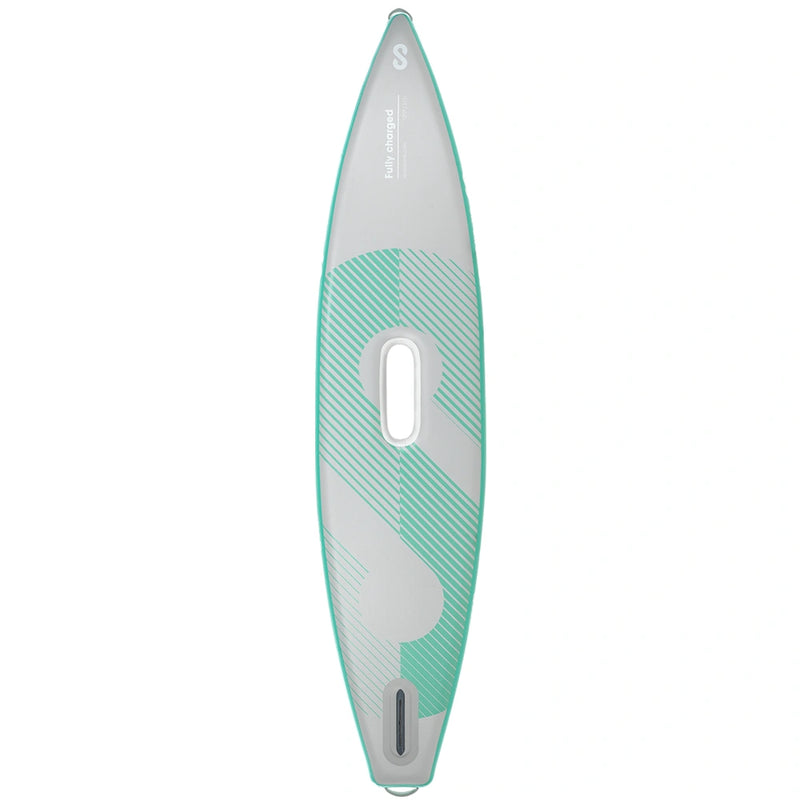 Bottom of SIPA Boards TOURER Aqua self-inflating paddleboard with electric assist and lightweight design. 12-foot board for touring and long-distance paddling. Ships free at e-boarders.com