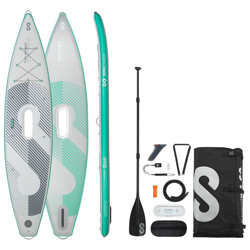 SIPA Boards TOURER Aqua electric paddleboard for touring and long-distance paddling. Features dropstitch construction and power assist. Package includes board, paddle, batteries, leash, fin, travel bag, and carry strap. Free shipping at e-boarders.com