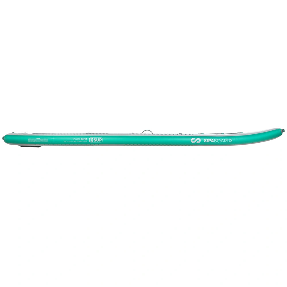 Side of SIPA Boards TOURER Aqua self-inflating paddleboard with electric assist and lightweight design. 12-foot board for touring and long-distance paddling. Ships free at e-boarders.com