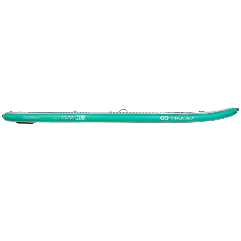 Side of SIPA Boards TOURER Aqua self-inflating paddleboard with electric assist and lightweight design. 12-foot board for touring and long-distance paddling. Ships free at e-boarders.com