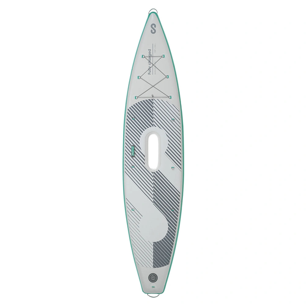 Top of SIPA Boards TOURER Aqua self-inflating paddleboard with electric assist and lightweight design. 12-foot board for touring and long-distance paddling. Ships free at e-boarders.com
