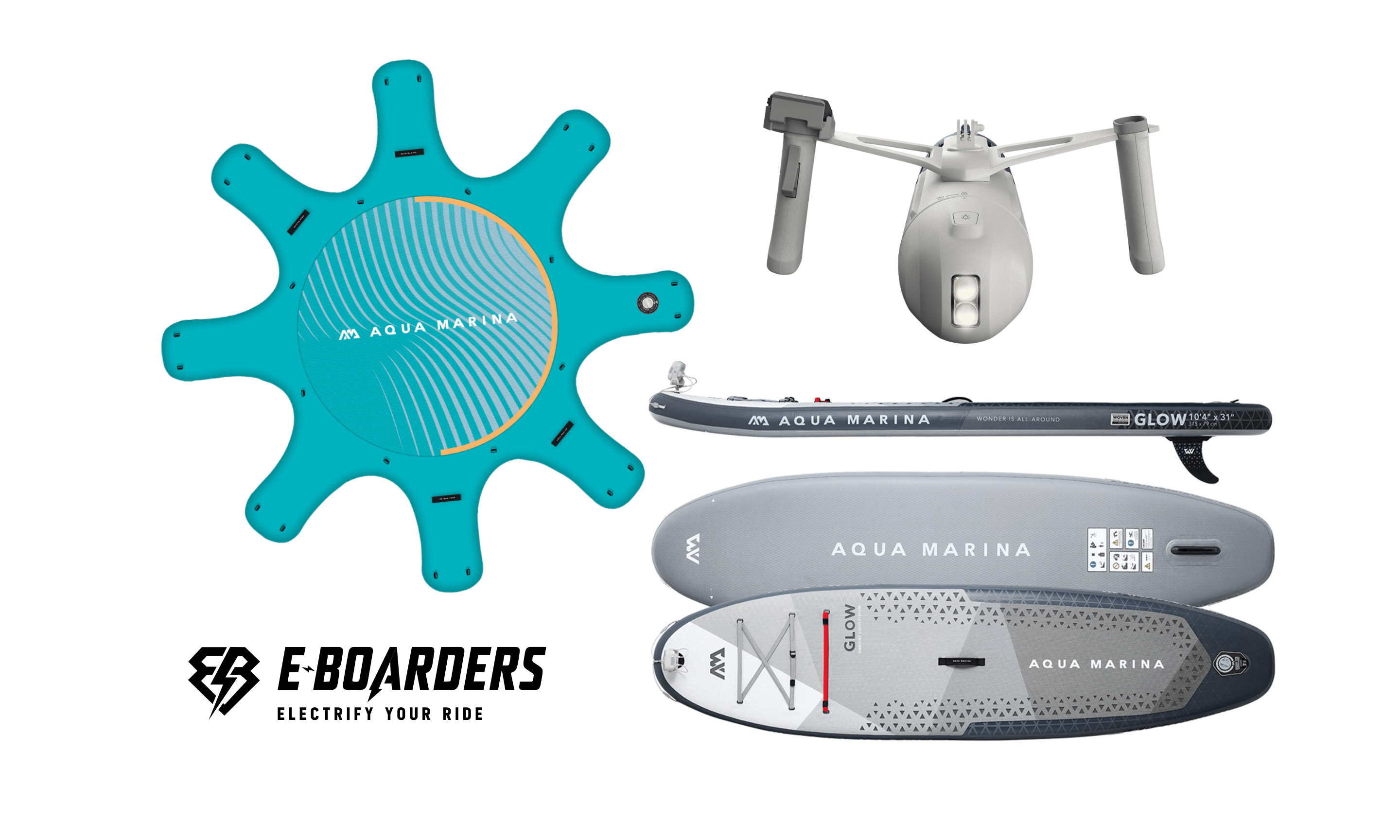 Aqua Marina Products lineup of inflatable fitness platforms, glow iSUPs, underwater sea scooters and more. Available at E-Boarders.com