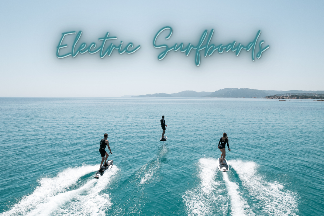 Electric Jetboard, E-Surfboard, eFoils, and E Wakeboards surfing on a lake. Available at E-Boarders.com