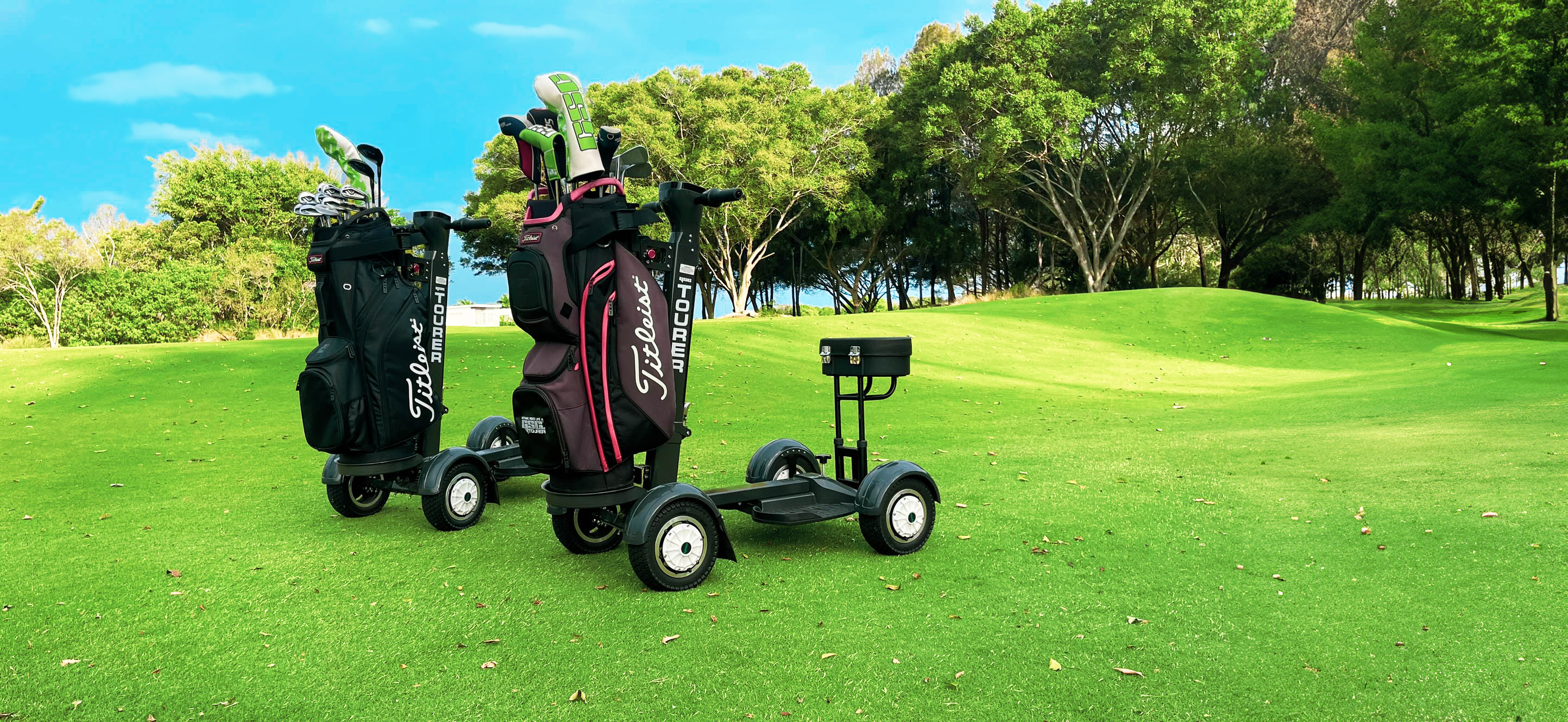 Golf Skate Caddy Tourer X Electric Golf E-Scooter pair on the golf course.