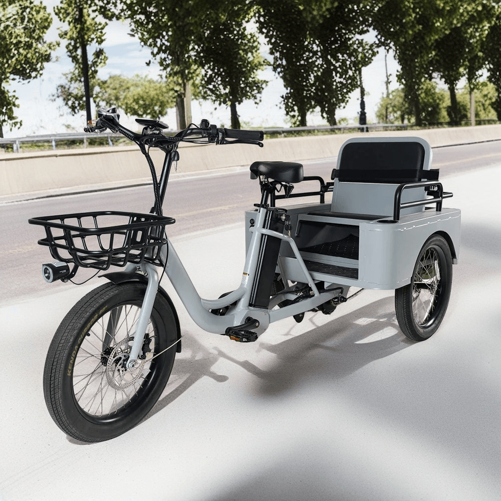 Electric 3-wheel trike with cargo basket & fat tires. Ideal for family rides, errands & beach paths. Ships free from e-boarders.com.