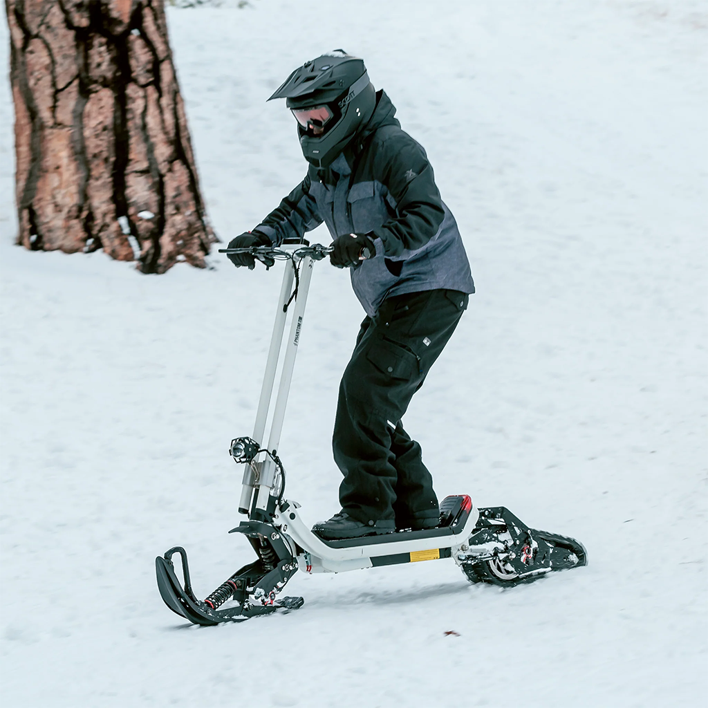 All-season hybrid electric snow ride with swappable tracks & tires. Perfect for cabins, trails, & winter terrain. Ships free from e-boarders.com.