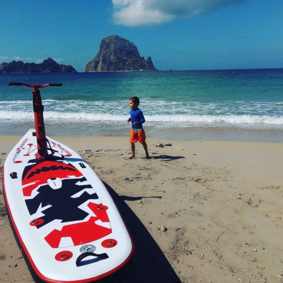 Self-inflating electric paddleboard with wireless remote & built-in power assist. Available at e-boarders.com with free shipping.