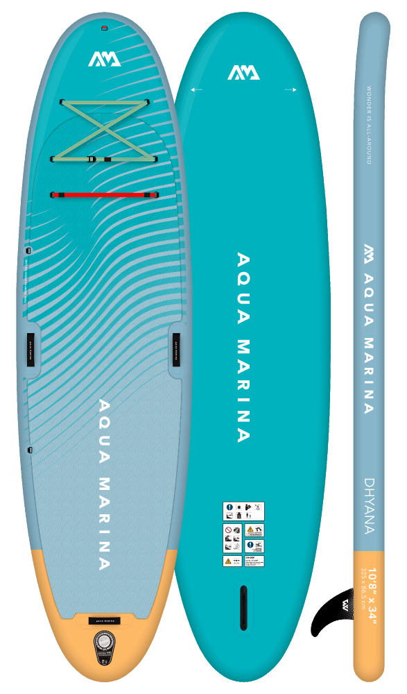 Front, Back and side view of Aqua Marina Dhyana Inflatable Fitness Paddleboard Paddle Board for best water aerobics and yoga water workouts available to purchase at E-Boarders.com