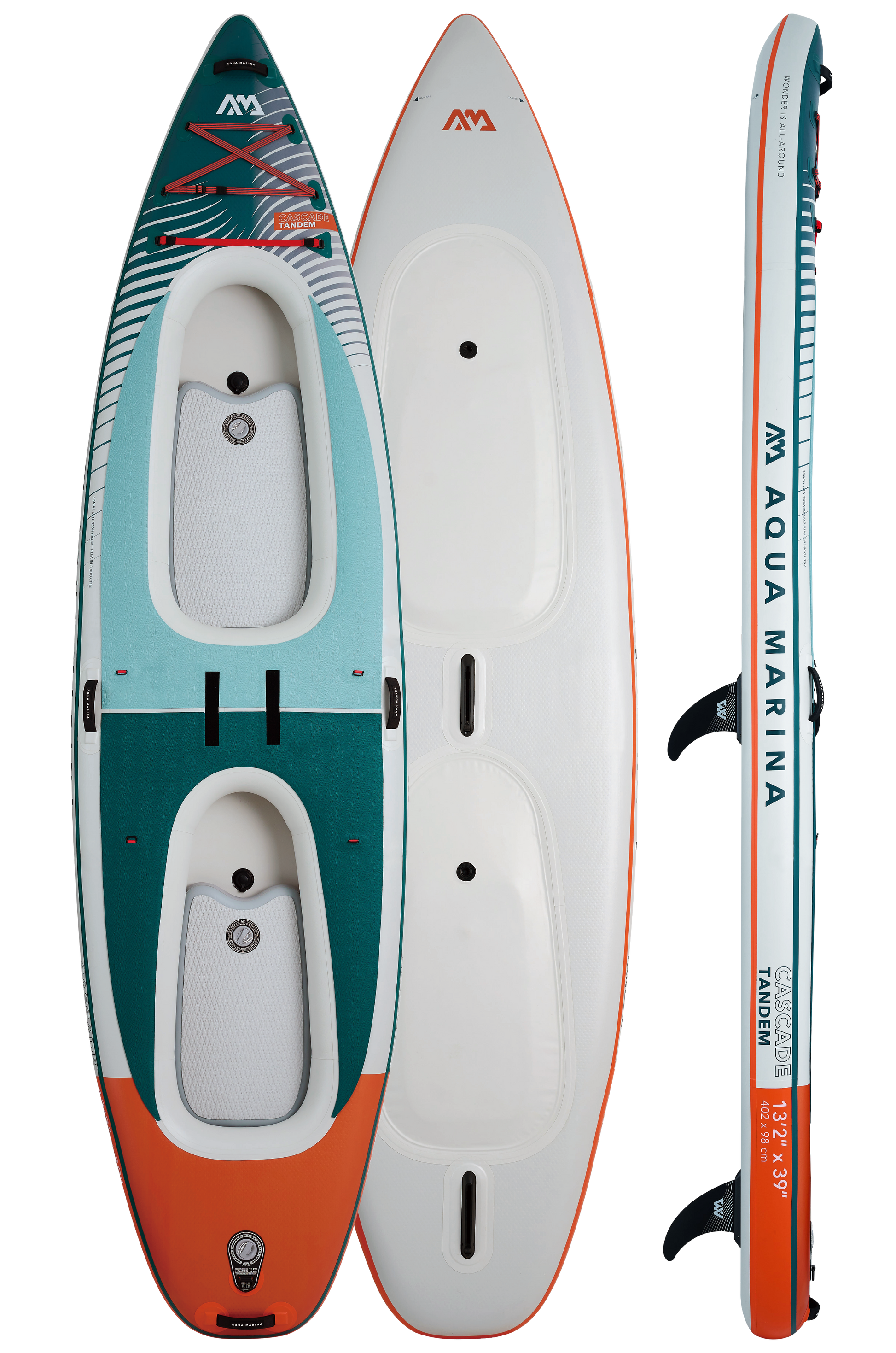 Aqua Marina Cascade Tandem BT-24CATP Hybrid Kayak iSUP Paddleboard options. Switch effortlessly between kayak-paddling or standup-paddling whenever you choose.