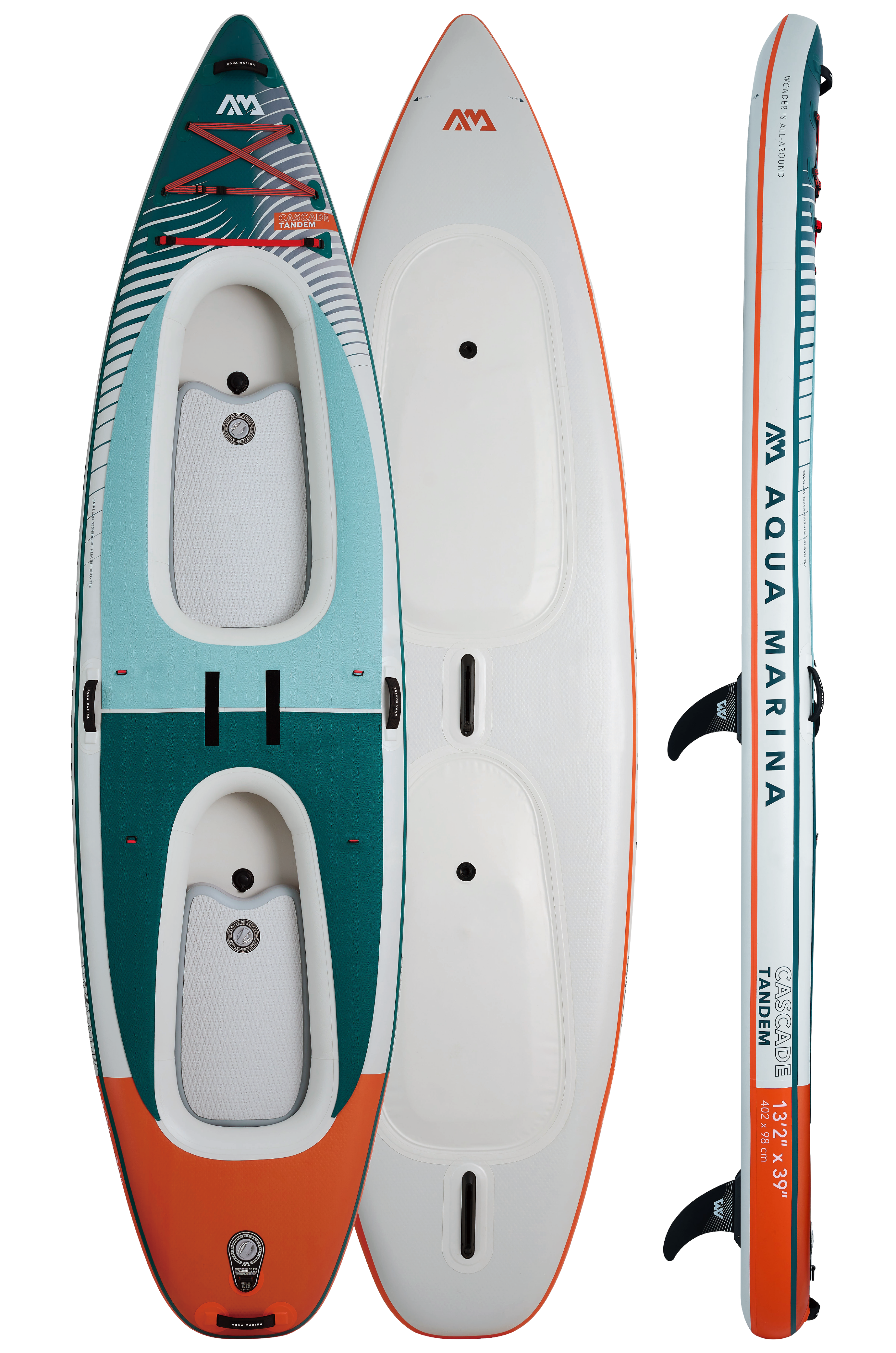 Aqua Marina Cascade Tandem BT-24CATP Hybrid Kayak iSUP Paddleboard options. Switch effortlessly between kayak-paddling or standup-paddling whenever you choose.