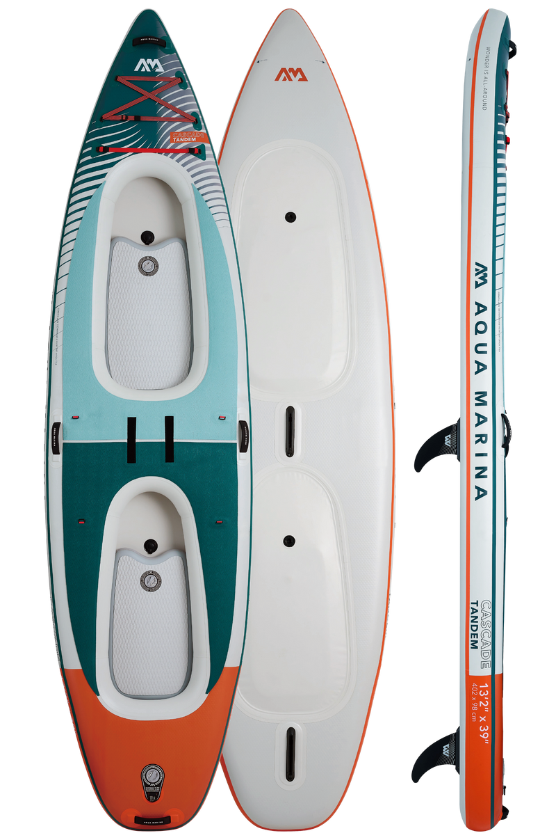 Aqua Marina Cascade Tandem BT-24CATP Hybrid Kayak iSUP Paddleboard options. Switch effortlessly between kayak-paddling or standup-paddling whenever you choose.