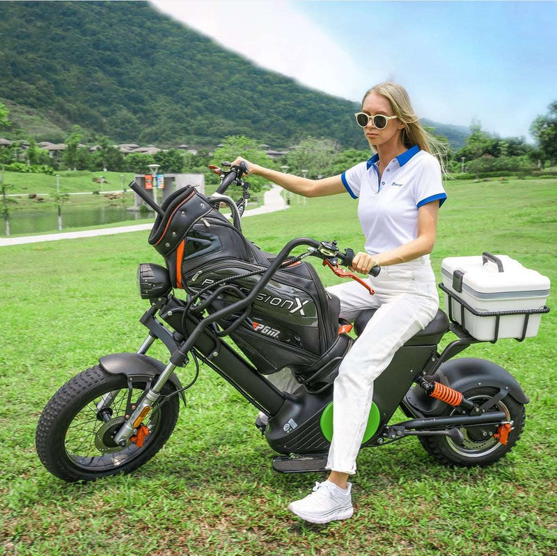 Woman riding Eahora M6 Electric Scooter fat tire e-motorcycle golf caddy e-bike with mounted golf clubs on E-Boarders.com